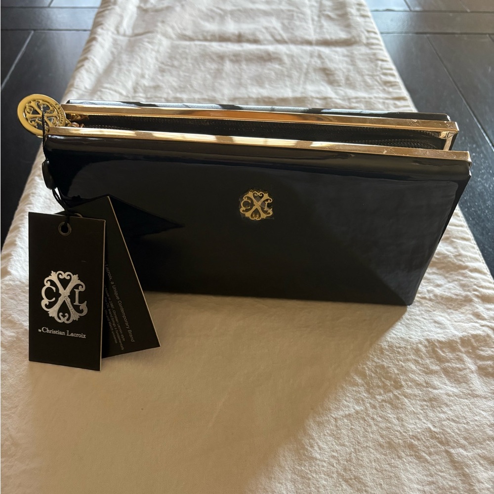 Christian Lacroix Black Patent Clutch with Gold Emblem